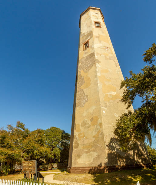 Old Baldy Lighthouse exterior Facade of Old Baldy Lighthouse on Bald Head Island, North Carolina with sign. bald head island stock pictures, royalty-free photos & images