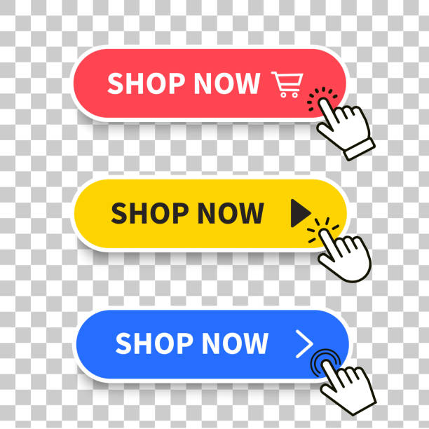 shoppen sie jetzt rote, gelbe und blaue buttons mit handcursor. klicken des zeigers auf die schaltfläche. klicken sie hier banner mit schatten. klicken sie auf die schaltfläche isoliert. online-shopping. vektorillustration - knopf stock-grafiken, -clipart, -cartoons und -symbole