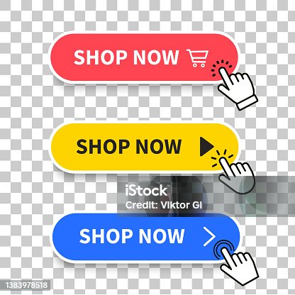 istock Shop now red, yellow and blue buttons with hand cursor. Button hand pointer clicking. Click here banner with shadow. Click button isolated. Online shopping. Vector illustration 1383978518
