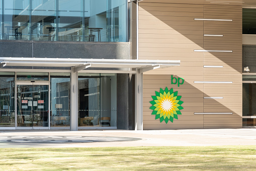 Houston, Texas, USA - March 2, 2022: The entrance to BP North America Inc Corporate office building in Houston. BP plc is a British multinational oil and gas company.