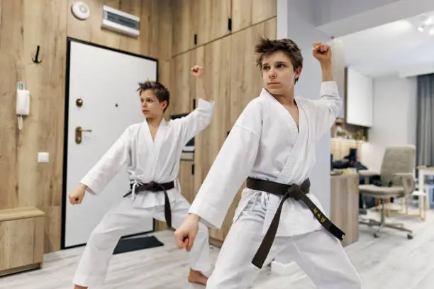 Two teenage boys training karate at home. Modern spacious apartment. They are attending to online karate lesson. They are performing karate kata.
Canon R5