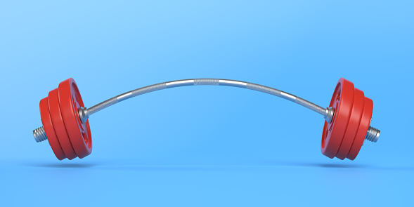 Metal barbell bent to both sides because of very heavy weights added on it on a blue background. Physical training. Gym routine. Body and health. 3d rendering 3d illustration