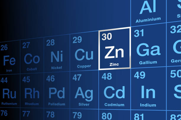 Zinc on periodic table of the elements, with element symbol Zn Zinc on periodic table of the elements, with symbol Zn from German word Zinke, with atomic number 30. Slightly brittle metal and an essential mineral, necessary for prenatal and postnatal development. zinc deficiency stock illustrations