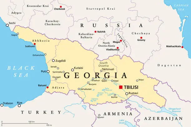 Vector illustration of Georgia, political map, with capital Tbilisi, and international borders