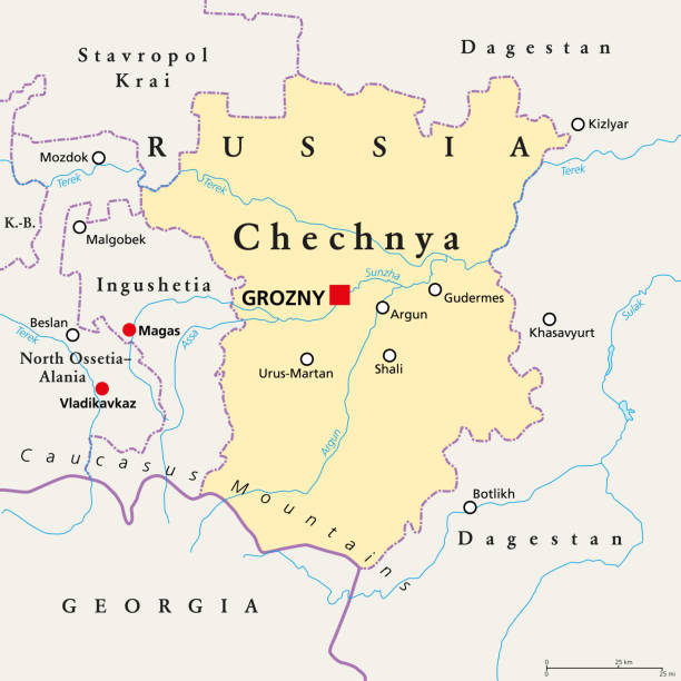 Chechnya, the Chechen Republic, political map, with capital Grozny Chechnya, political map, with capital Grozny and borders. Chechen Republic, a republic of Russia, and part of North Caucasus Federal District, situated in the North Caucasus of Eastern Europe. Vector. stavropol stavropol krai stock illustrations