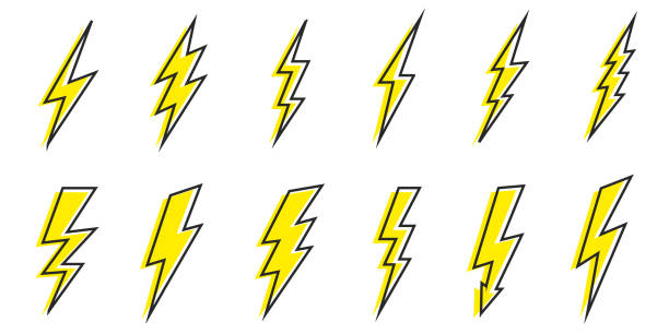 Cartoon lightning doodle set. Hand drawn thunder bolts, black line art and color. Vector illustration collection, isolated on white background vector art illustration