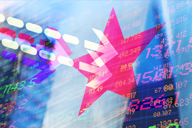 istock Red Star with Graphic Arrows, Trading Data and Financial Buildings. 1383983905