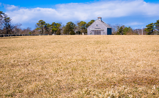 Dennis, Massachusetts, USA- March 3, 2022-  A rustic barn rests at the edge of winter worn  grassy pasture on a cold early March afternooon on Cape Cod.