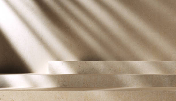 istock Sun beams textured wall shadows empty room with podium steps for product presentation, 3d rendering object placement fashion mockup 1383985838