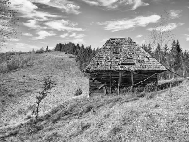 A photographer is taking photographies in the mountainous region of the black sea. He walks to find the right shooting point. He walks to find the right shooting point. The highland houses and the lined mountains behind them look great.