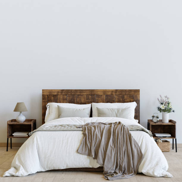 素朴なベッドルームのインテリア。大きな壁は背景をモックアップ。3d レンダリング。 - pillow bedroom bed rural scene ストックフォトと画像
