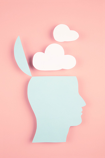 Human head in paper cut style with clouds