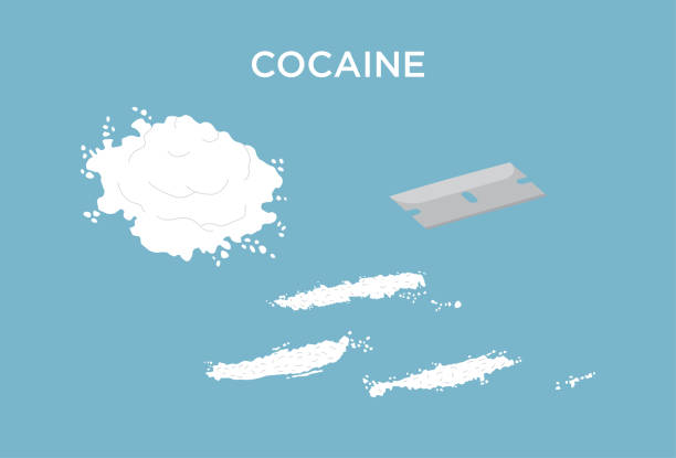 Cocaine drug powder with lines cut with a razor blade Cocaine drug powder with three white lines cut by a razor blade, cocaine powder pile, medicine cocaine stock illustrations