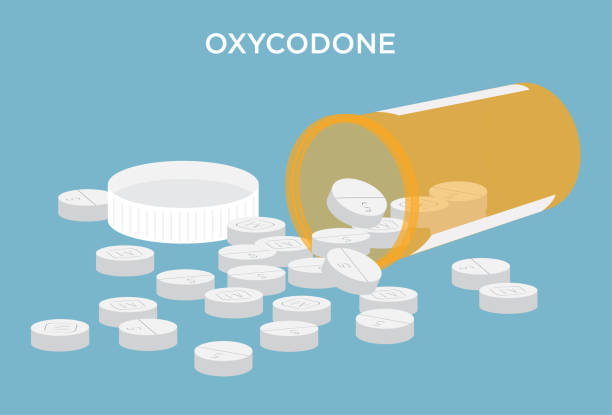 ilustrações, clipart, desenhos animados e ícones de pílulas narcóticos de oxicodona 5 miligramas de medicamentos comprimidos com garrafa de prescrição de laranja - snorting