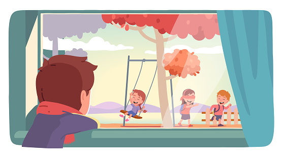 Sad ill boy wearing scarf, staying at home, looking through window at kids playing games outdoors, feeling lonely and sick. Health, disease quarantine. Flat style vector sick character isolated illustration