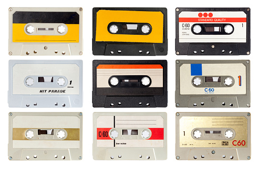 Collection of audio casette from the eighties. isolated on white and with clipping path