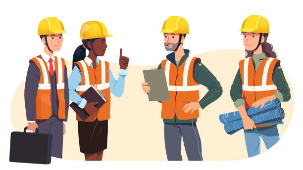 Construction engineer, architect official meeting Construction engineer, architect supervisor, building project business employer, audit lawyer, government official meeting. Foreman in hard hat talking with client. Vector character illustration architect illustrations stock illustrations