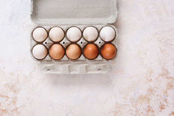 istock Fresh eggs arranged in a color gradient in an egg box. Ten white and brown eggs in open egg box 1384028914