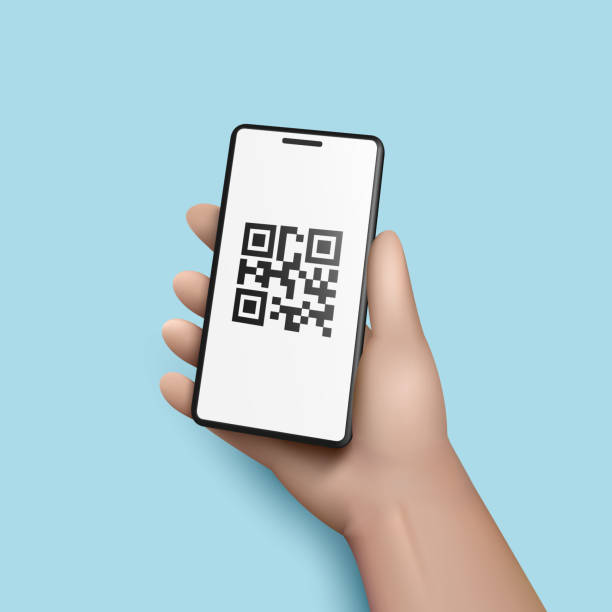3d hand with smartphone scans QR code 3d hand with smartphone scans QR code. Vector illustration 3d barcode stock illustrations