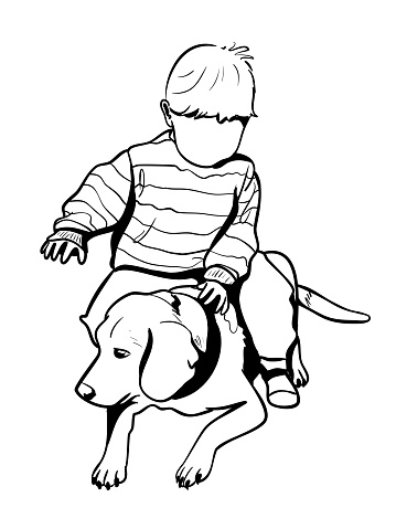 Toddler boy playing with his friendly and patient beagle dog in this hand drawn vector illustration sketch.