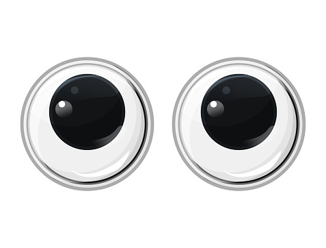 Funny plastic toy eyes look up. Safe toys. Rolled his eye. Vector cartoon illustration on a isolated white background