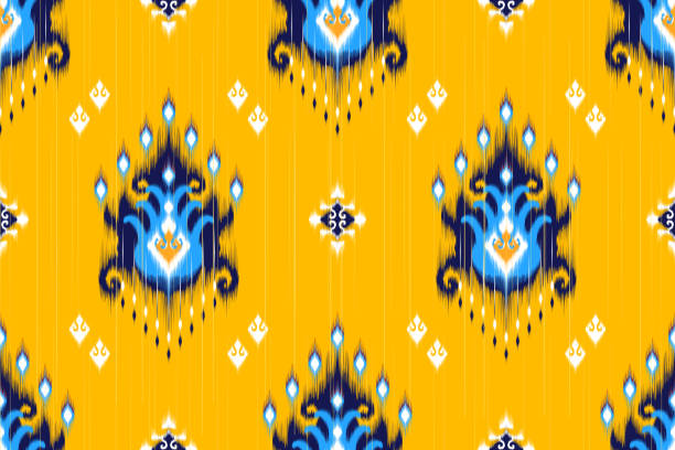 ilustrações, clipart, desenhos animados e ícones de design de padrão sem emendas étnicas ikat. papel de parede de decoração têxtil de tecido asteca. peru nativo tribal africano-americano vetor tradicional bordado - cultura uigur