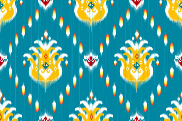 ilustrações, clipart, desenhos animados e ícones de design de padrão sem emendas étnicas ikat. papel de parede de decoração têxtil de tecido asteca. peru nativo tribal africano-americano vetor tradicional bordado - cultura uigur