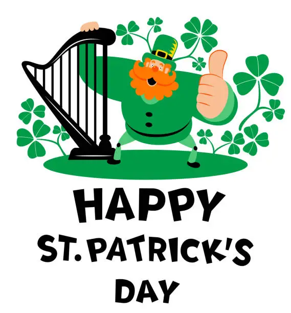 Vector illustration of The mysterious leprechaun is playing the harp and giving a thumbs up and wishing 
