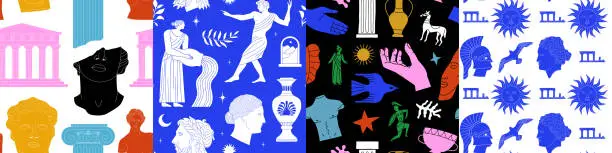 Vector illustration of Set of ancient greek statue monument seamless pattern