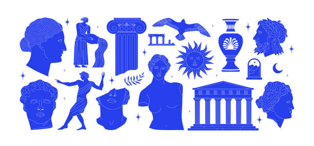 푸른 고대 그리스 동상 예술 세트 - roman statue 이미지 stock illustrations