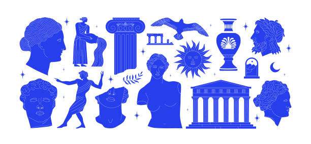 набор синих древнегреческих статуй - roman statue stock illustrations