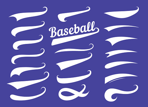 Swooshes text tails for baseball design. Sports swash underline shapes set in retro style. Swish typography font elements for athletics, baseball, football decoration. White swirl on blue, vector line.