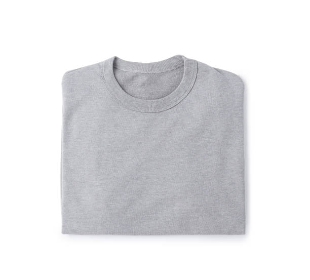 istock Blank folded grey t-shirt mockup front and back isolated on white background with clipping path 1384079642