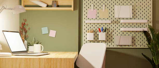 istock Modern minimal workspace in college dorm apartment with laptop mockup 1384108856