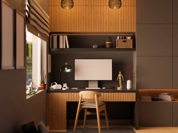 istock Modern home workstation interior design with built-in furniture, PC computer 1384108923