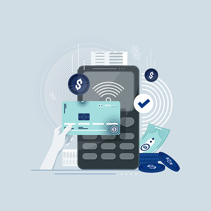 Pay by credit card via electronic wallet wirelessly on phone. New mobile banking app and e-payment vector illustration. Hand with smartphone online banking. Shopping by phone and connected card. stock illustration