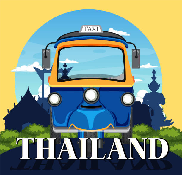 ilustrações, clipart, desenhos animados e ícones de viagem de bangkok tailândia tuk tuk e ícone turístico - jinrikisha