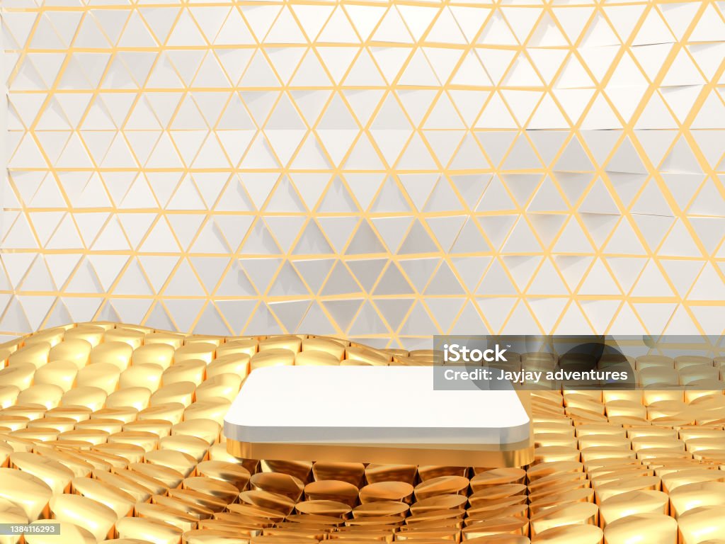 Abstract white and gold color luxury product diplay or podium on geometric 3D background. 3D render Abstract white and gold color  luxury product diplay or podium on geometric 3D background. 3D render Merchandise Stock Photo