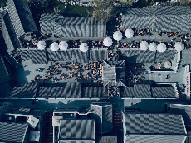 中国の伝統的な中国の建物コミュニティ、成都、中国の鳥瞰図 - chengdu urban scene city life house ストックフォトと画像