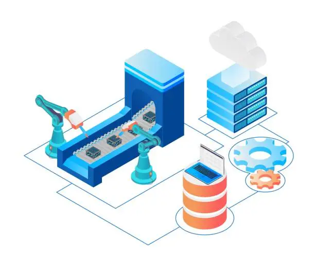 Vector illustration of Robot machine with cloud data storage