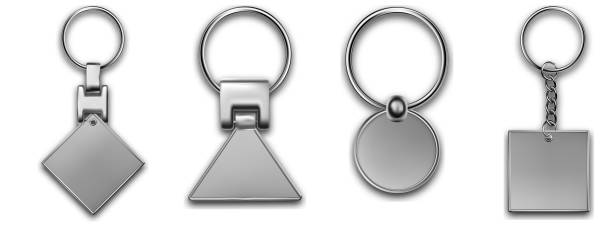 istock Leather keychain with different shapes, trinket keyring mockup. Keyholder and breloque illustration. Keyring holders isolated on white background. Blank accessory. 1384117480