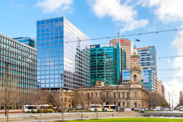 Victoria Square in Adelaide CBD on a winter day Adelaide, South Australia - August 13, 2019: Victoria Square with GPO Post Office in Adelaide CBD viewed towards North on a bright winter day adelaide stock pictures, royalty-free photos & images