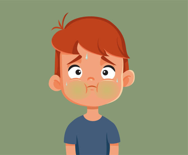 Ill Little Boy Feeling Sick and Nauseated Vector Illustration Nauseous toddler child having food poisoning symptoms disgusted stock illustrations