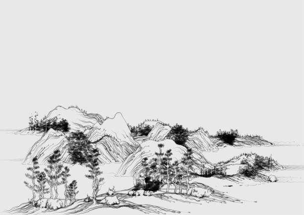 istock black and white traditional Chinese landscape painting illustration 1384125511