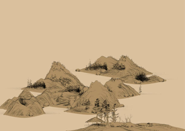 color traditional Chinese landscape painting illustration,mountain water trees