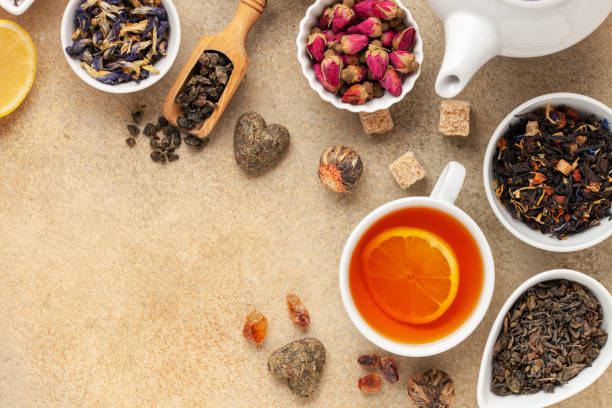 istock Set natural dried tea and teapot. Teatime. Tea ceremony concept. Top view. Flat lay. 1384131714