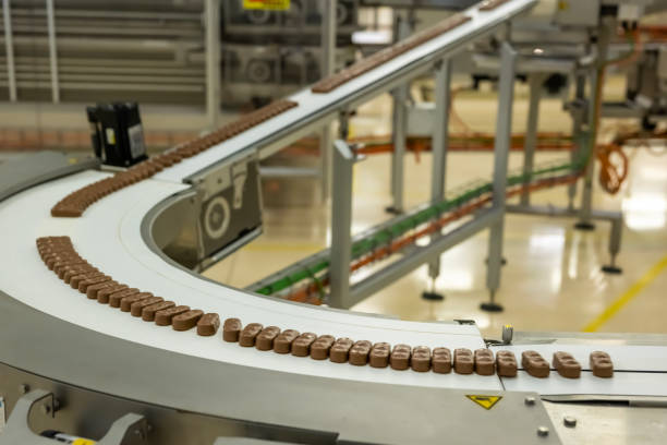 Production of chocolate bars. Confectionery factory. stock photo