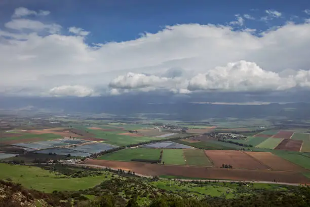 Photo of Hula valley top view in rainy weather