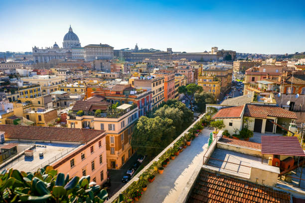 The heart of Rome seen from a terrace in the Prati district with the dome of St. Peter's Basilica on the horizon stock photo