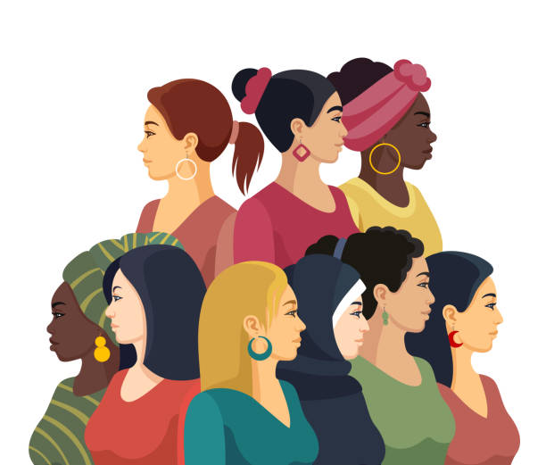 wieloetniczna grupa kobiet. koncepcja kobiecości. - hairstyle profile human face sign stock illustrations